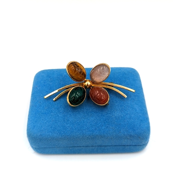 Egyptian Revival Bal-Ron Carved 4 Scarab Semi Precious Gemstones Brooch 12k GF - Picture 1 of 7